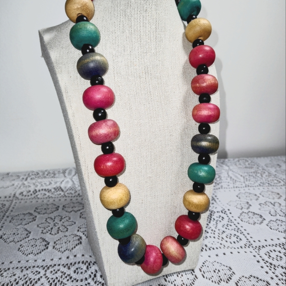 Vintage wood bead necklace, beautiful colors, small black wood bead spacers
